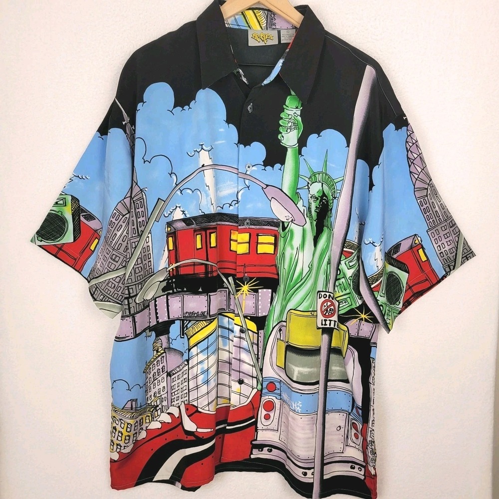 Vintage Up Ro's NYC Graphic Button Down Shirt Mens XL Urban Streetwear Y2K